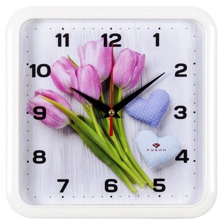 часы настен 22*22см цветы Тюльпаны и сердца, белый корпус/Руб