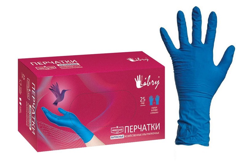 перчатки резиновые (латексные) Libry KHR02ULT M синие ультрапрочные/Libry/250x25
