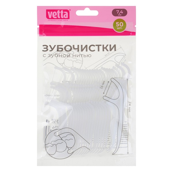 зубочистки VETTA пластиковые с зубной нитью, 7,4см, 50шт/Г-Ц