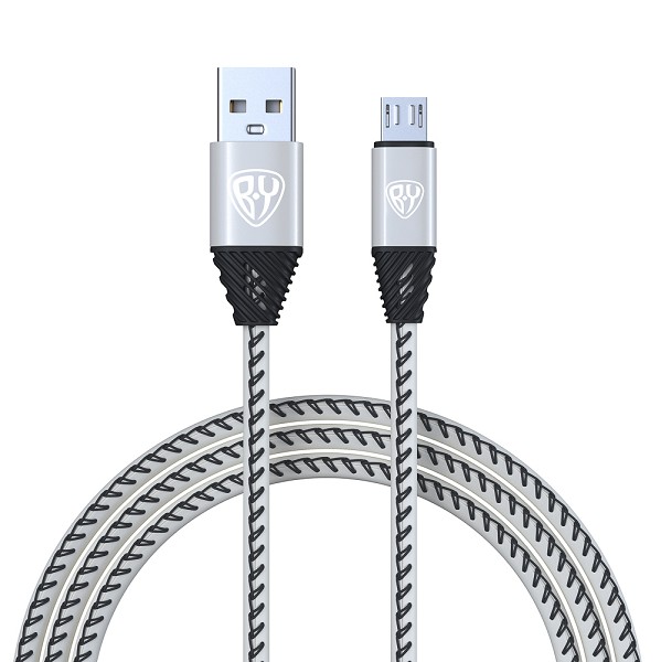 кабель для зарядки BY  Премиум Micro USB, 1м, 2А, кожаная оплётка, серебристый/Г-Ц