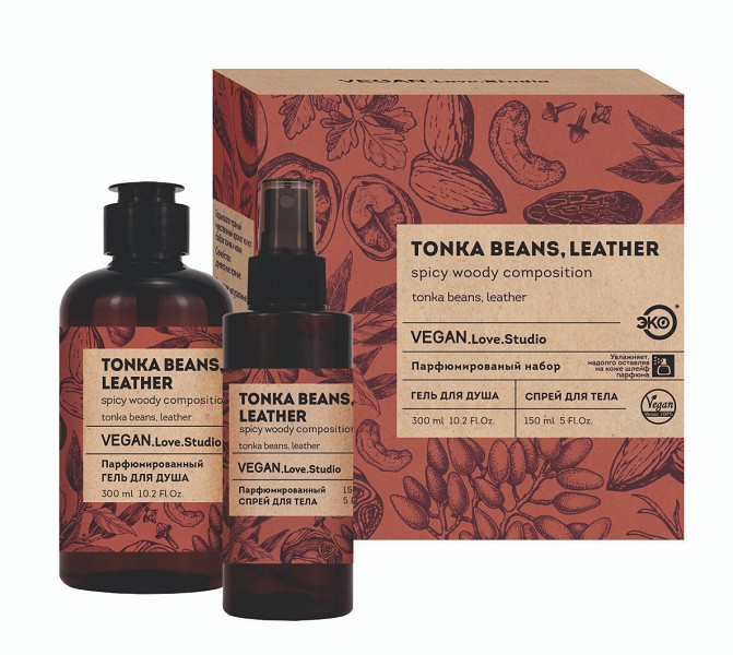 п.набор жен VEGAN. Love.Studio Tonka Beans, Leather (гель д/душа 300мл+парф.спрей д/тела 150мл)/Дельта/12