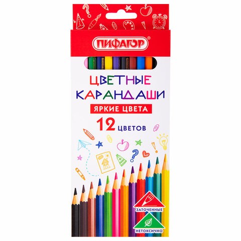 карандаши цв. 12цв Классик пластик, шестигран. заточен. Пифагор /СМН/12