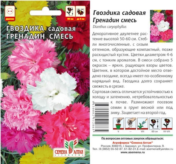 семена цветы Гвоздика Гренадин смесь окрасок ЦП 0,1гр двулетн.средн h-50-60см d-4-6см/СемАлт/10