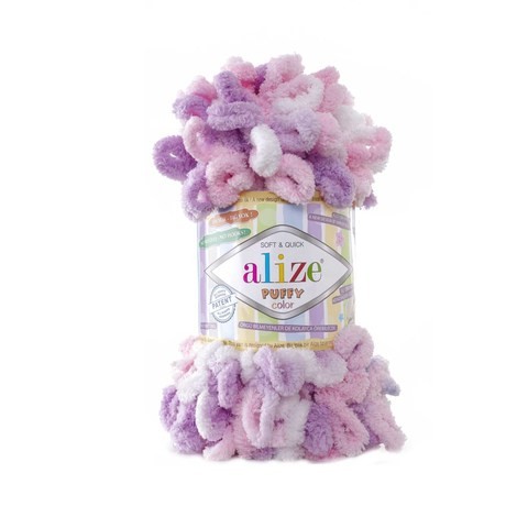 пряжа PUFFY COLOR 100% микрополиэстр белый/сиреневый/розовый/Рукод-е/5