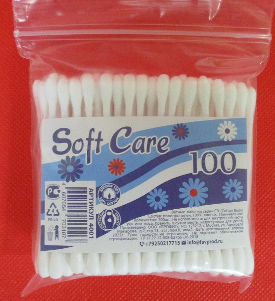 палочки Soft Care ватн пакет 100шт/ТДФ/162x27