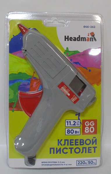 пистолет клеевой HEADMAN GG-80 80Вт нагрев 3-5 мин + 2 стержня 11мм/Г-Ц/36