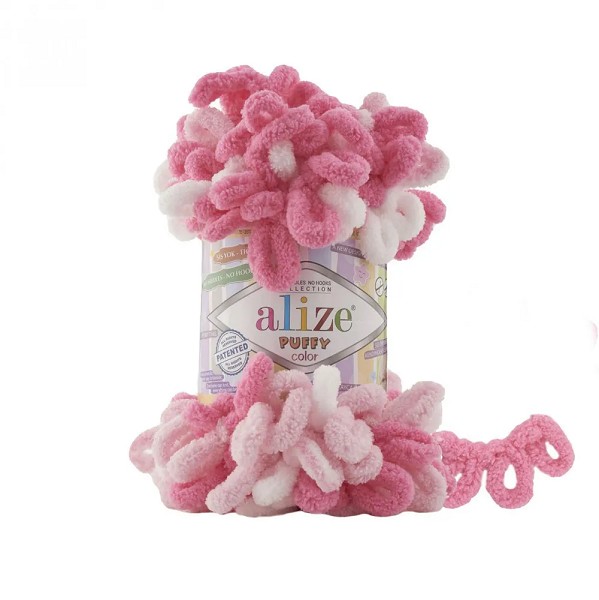 пряжа PUFFY COLOR 100% микрополиэстр розовый/белый/Рукод-е/5