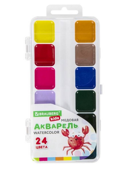 краски Акварель 24цв KIDS, медов., квадрат. кюветы, пластик. пенал  BRAUBERG /СМН/12