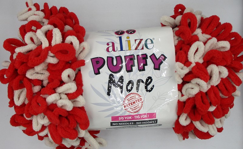 пряжа PUFFY MORE 100% микрополиэстр 100гр белый/алый/Рукод-е/2