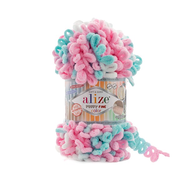 пряжа PUFFY FINE COLOR 100% микрополиэстр бирюзовый/белый/розовый 100г 14,5мт/Рукод-е/5