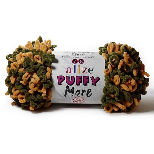 пряжа PUFFY MORE 100% микрополиэстр 100гр горчица/хаки 150г 11,5мт/Рукод-е/2
