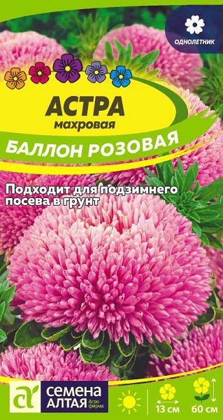 семена цветы Астра Баллон Розовая махровая ЦП 0,05гр однолет.h-50-60см.d-13см/СемАлт/10