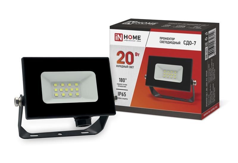 эл. светодиодный прожектор IN HOME СДО-7 20Вт 230В 6500К (холодный свет) IP65 черный /ЭлТ