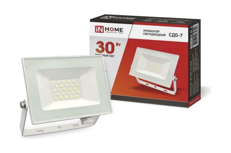 эл. светодиодный прожектор IN HOME СДО-7 30Вт 230В 6500К (холодный свет) IP65 белый/ЭлТ