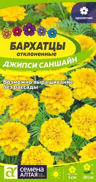 семена цветы Бархатцы Джипси Саншайн махровые ЦП 0,2гр однолет.средн h-20см d-5см /СемАлт/10