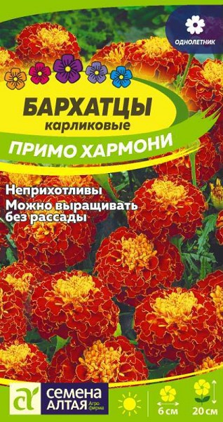 семена цветы Бархатцы Примо Хармони карликовые ЦП 0,1гр однолет.средн h-20см d-6см /СемАлт/10