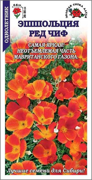 семена цветы Эшшольция Ред Чиф ЦП 0,2гр оранж.-красная h-35см d-6см/ЗолС/10