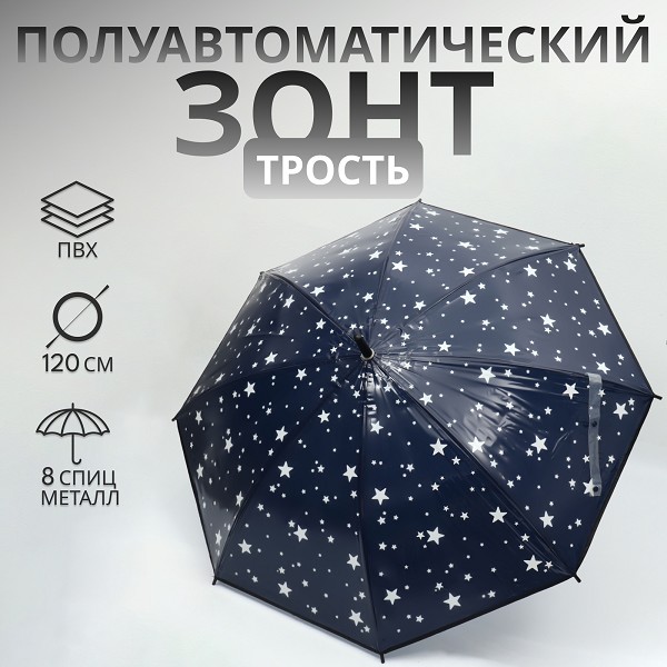 зонт -трость жен.(полуавт.) R-54см, 8 спиц, Звезды/С-Л