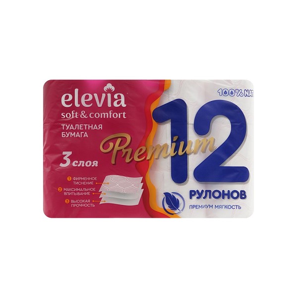 туал/бумага Elevia 3-х слойная 12шт Premium 5295/Дрог/5