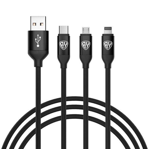 кабель для зарядки 3 в 1 iP/Micro USB/Type-C, 1.5м, 2.4А, прорезиненная оплетка, черный/Г-Ц