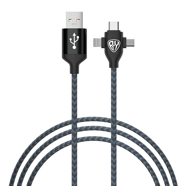 кабель для зарядки 3 в 1 iP/Micro USB/Type-C, 1м, 2А, тканевая оплетка, чёрный/Г-Ц