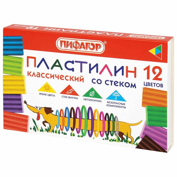 пластилин 12цв. Веселая такса 180гр со стеком Пифагор /СМН/32