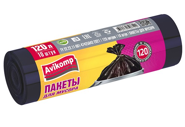 пакеты для мусора 120л 10шт Авикомп рулон черные 13мкр/Авикомп/24