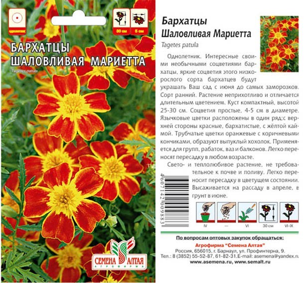 семена цветы Бархатцы Шаловливая Мариетта ЦП 0.3гр однолет.средн h-25-30см d-4-5см /СемАлт/10