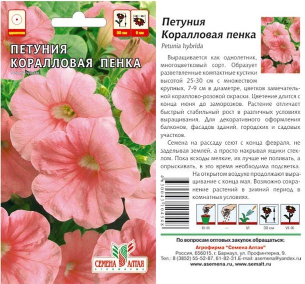 семена цветы Петуния Коралловая Пенка ЦП 0,1гр многолет.крупн. h-30см d-9 см/СемАлт/10