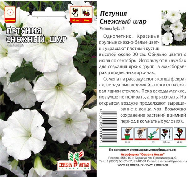 семена цветы Петуния Снежный Шар ЦП 0,1гр однолет.средн. h-30см d-5 см/СемАлт/10